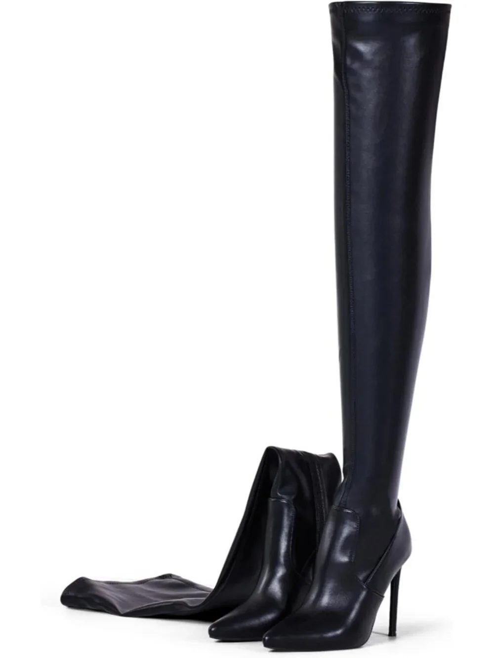 Women's Black Matte Pointed Toe Suede Stiletto Heel Stretch Over The Knee Boots